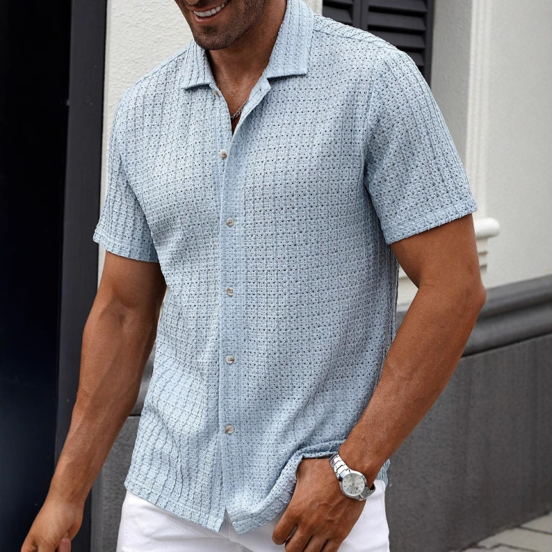 Cross-Border Temu Shein Amazon Cross-Border Foreign Trade Men's Casual Striped Shirt with a Turn-Down Collar and Short Sleeves