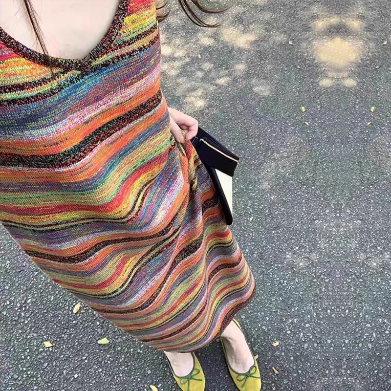 Color Striped Slip Skirt Women's 2025 New Summer Long Seaside Vacation A- Line Long Skirt Slip dress