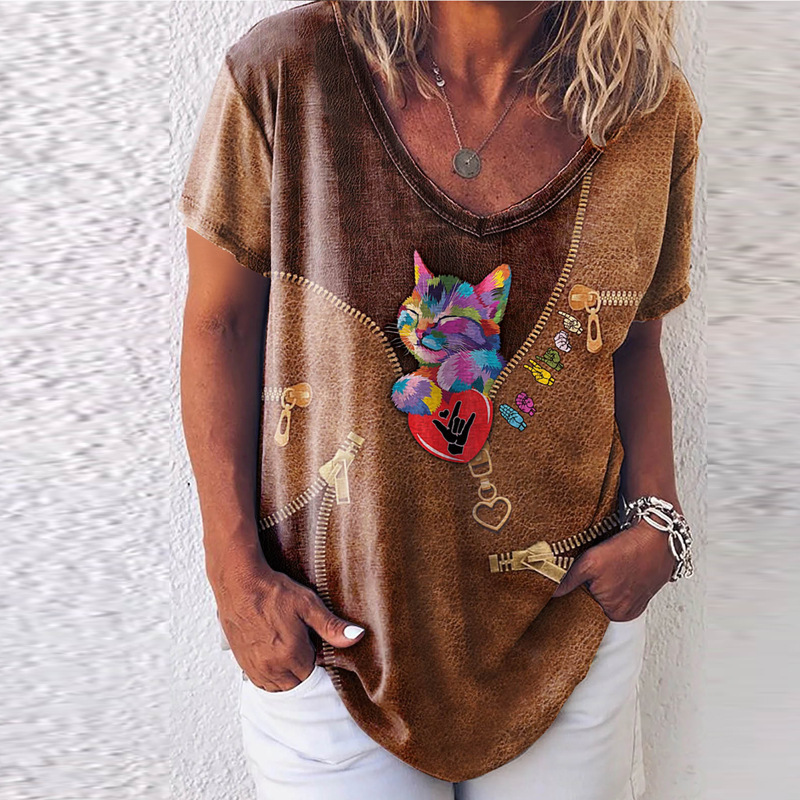 Verano de manga corta, comercio exterior europeo y americano, nuevas mujeres, camiseta con cuello en v de Amazon, manga corta estampada