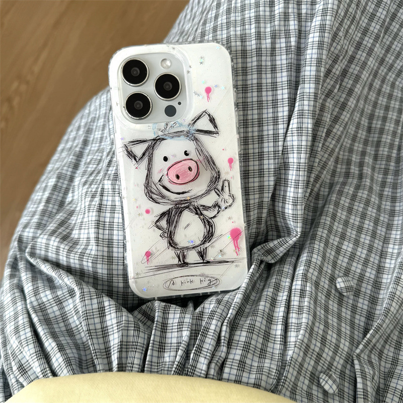 Lindo cerdo garabateado para iPhone15 Apple 16ProMax funda para teléfono móvil 14 nariz giratoria 13 mujer
