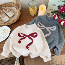 儿童甜美蝴蝶结提花毛衣冬季新款女童加厚针织衫宝宝保暖年服百搭