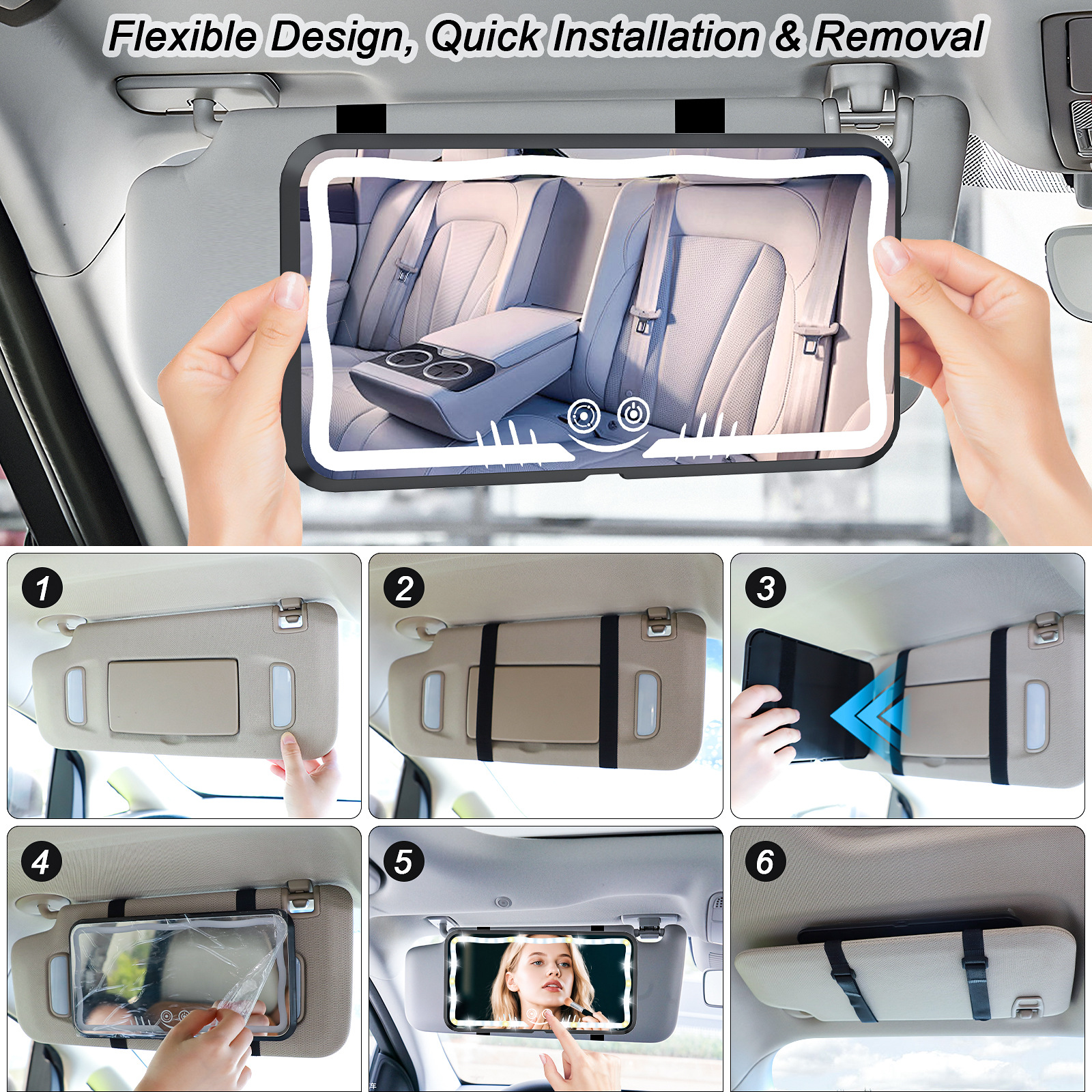Cross-Border Car Sun Visor Makeup Mirror Led Car Makeup Mirror, New Appearance Design with Three Color Temperatures and Adjustable Lighting