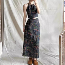 2025春夏季新款小众设计亚麻数码印花半身裙女性感一片式系带裹裙