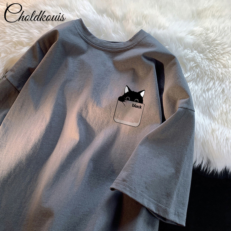 Pure Cotton Short-sleeved T-shirt Men's Summer Ins-style Hong Kong-style Trendy Half-sleeved Loose Couple's T-shirt Men's Round Neck Pure Black