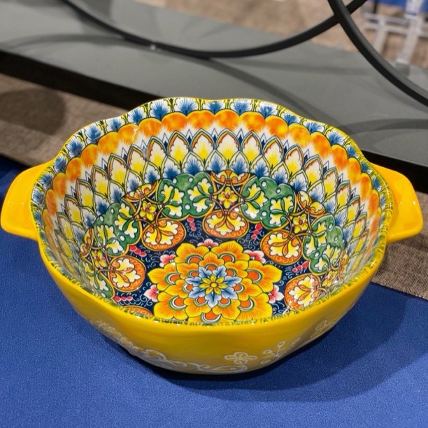 黄金時代 - 9inch 耳付きレーススープボウル、下絵付けカラー、宮殿スタイル、高価値セラミック、日常家庭用食器|undefined