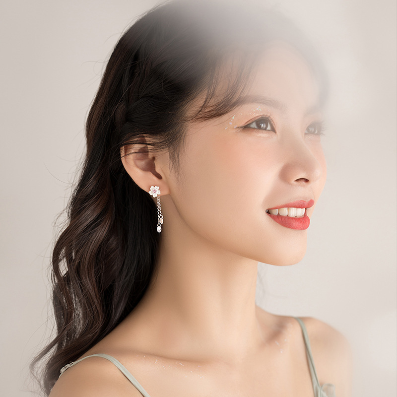 粉锆樱花女2025新款爆款耳钉耳环流苏耳饰夏小众百搭优雅时尚甜美|undefined
