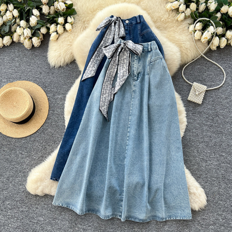 Korean-Style Retro Artistic Silk Scarf Denim Simple Skirt for Women, Spring High-Waisted Slimming A-Line Long Skirt, Commuter Hong Kong Style