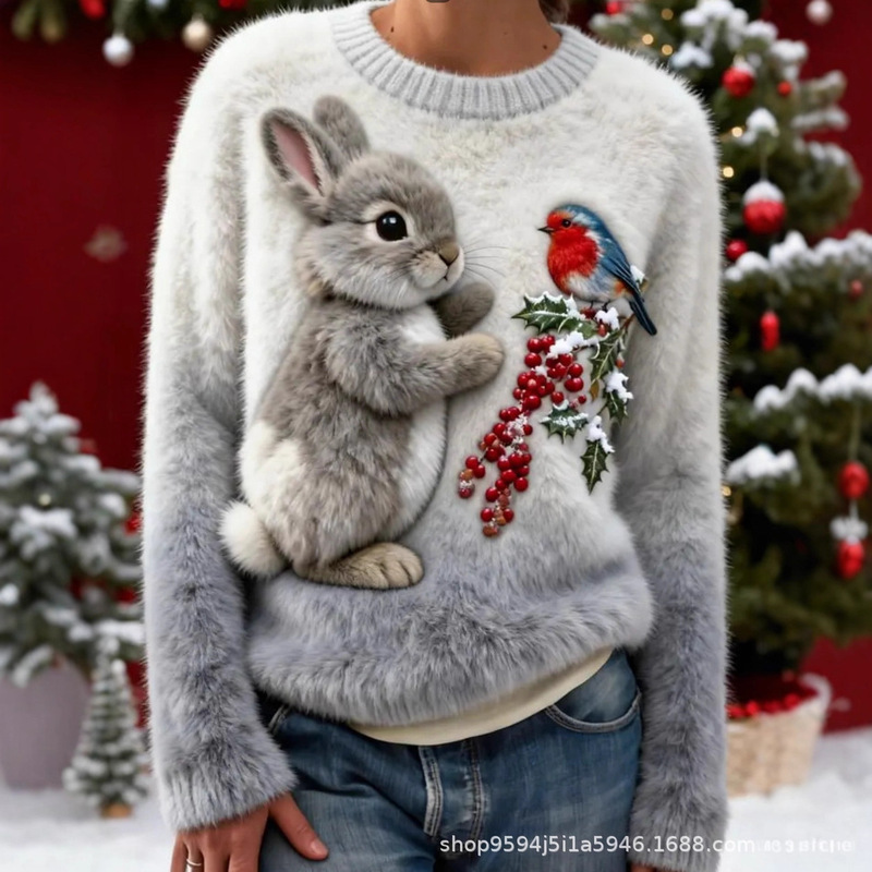 New Cross-Border Independent Site 3D Digital Printed Flannel Christmas Women's Round Neck Sweater Autumn and Winter Pullover Other