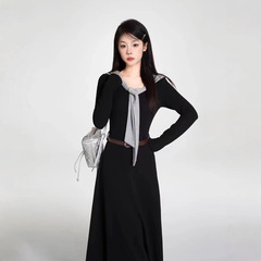 【配腰带】黑色连衣裙女秋装2025新款韩版赫本风收腰显瘦气质长裙