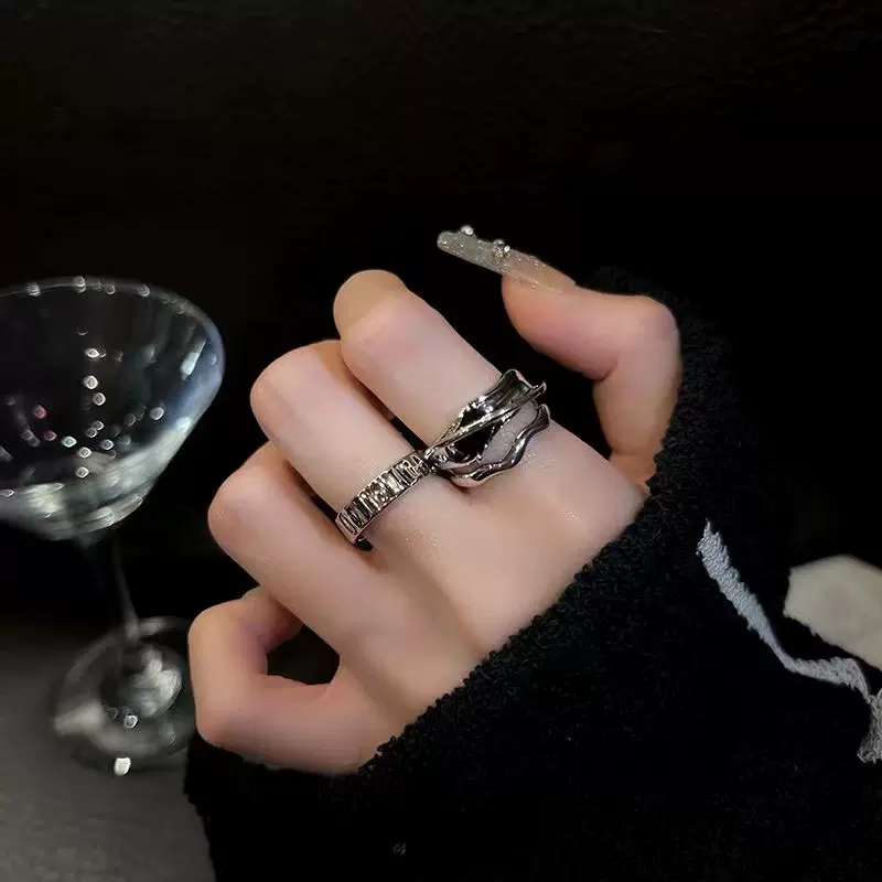 欧美几何冷淡风ins黑水晶戒指小众设计时尚个性感开口戒网红女潮
