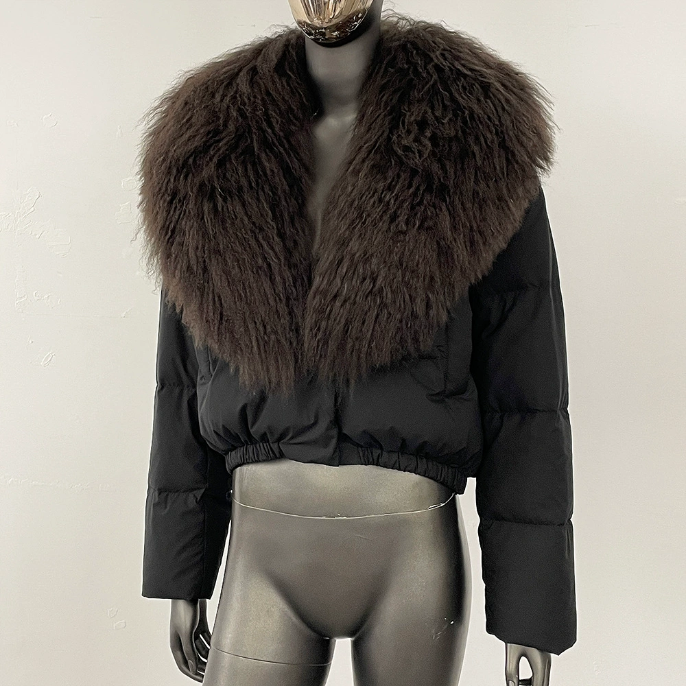 Down jacket Elite, velvet‑woolen shell, white duck down fill, detachable lamb‑wool collar