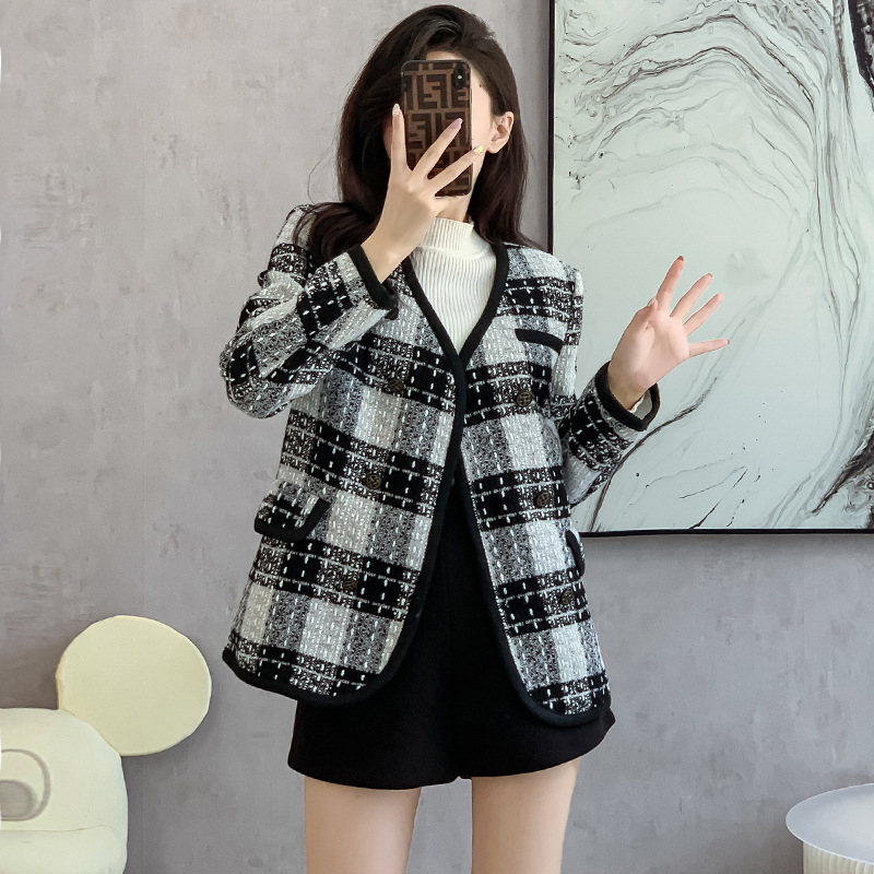 French Style Casual Plaid Suit Jacket Women's 2024 Autumn and Winter New Style Socialite Chanel Tweed Long Sleeve Top