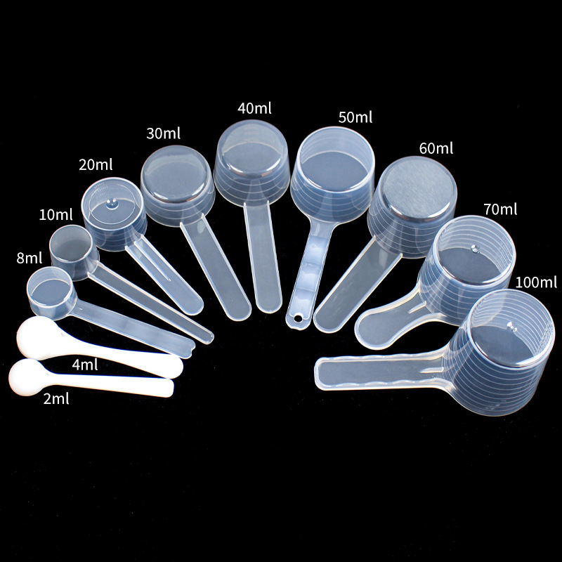 Cucharas medidoras de plástico de 2ml, 4ml, 8ml, 10ml, 20ml, 30ml, 40ml, 50ml, 60ml, 70ml y 100ml