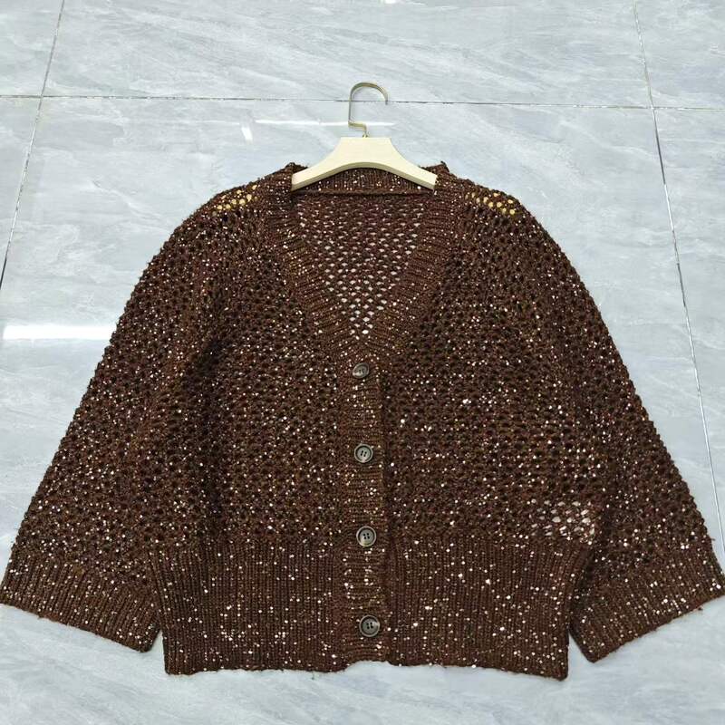 Bc Gold Thread Hollow V-Neck Long Sleeve Cardigan Bc Gold Thread Hollow V-Neck Long Sleeve Cardigan