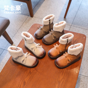 Qing Girls Bow Casual Princess Short Boots 2023 Autumn Easiest for Match Children's Indoor and Outdoor Warm Plus Velvet Boots Trendy