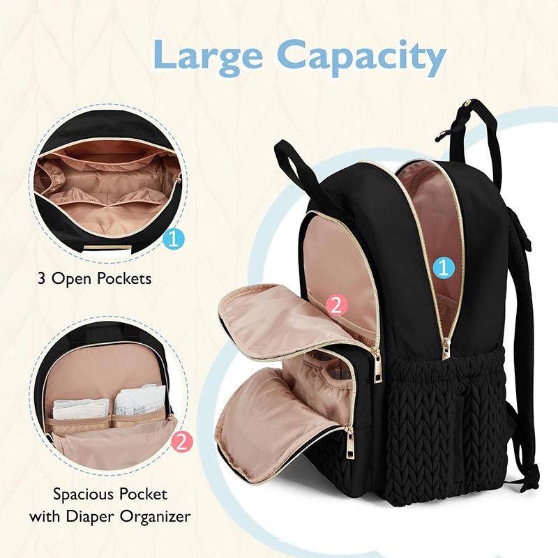 Amazon Hot Sale Pañales Mochilas Big Baby Bags Pañales de viaje Quilted Mochilas con almohadillas de pañales