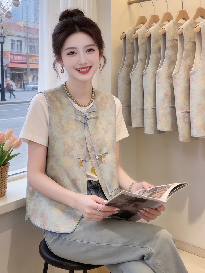 Áo gile nữ không tay dáng ngắn dệt jacquard thêu nổi, cổ tròn một hàng cúc — Áo gile dệt jacquard