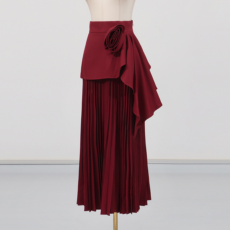 Saia midi de cintura subida saia plissada evasé com flores_voghion.com
