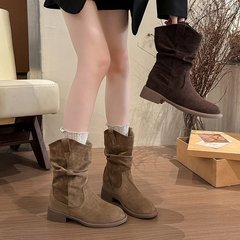 阿蔓诺堆堆靴女中筒夏靴子2025新款美拉德西部牛仔靴骑士马丁靴
