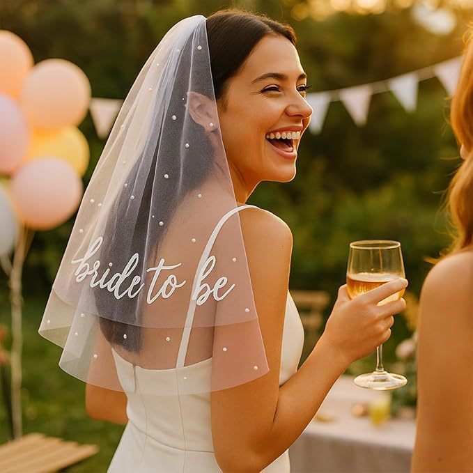 欧美Bride to Be珍珠头纱婚礼派对新娘烫字双层头纱单身派对头纱|undefined