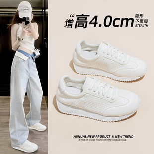 White Shoes for Women 2025 Summer New First-Layer Cowhide Thick-Soled Heightening Cut Out Breathable Internet Celebrity Casual Sports Shoes