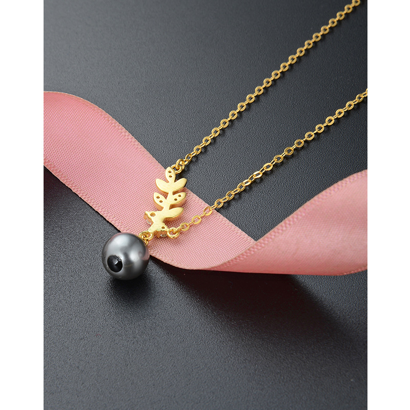 Hoja de diamante las mujeres elegantes accesorios colgante s925 plata ZIRCON negro perla collar Corea del Sur simple clavícula cadena