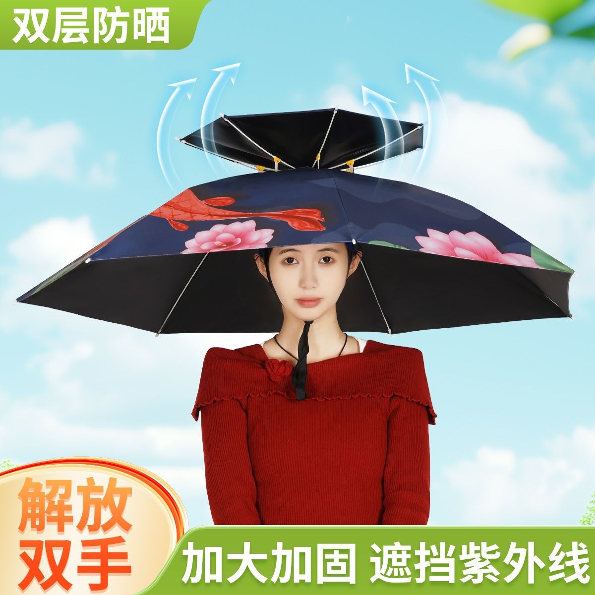 Head-mounted umbrella for sun protection, fishing umbrella, outdoor sun umbrella, foldable large rainproof umbrella hat for sanitation workers