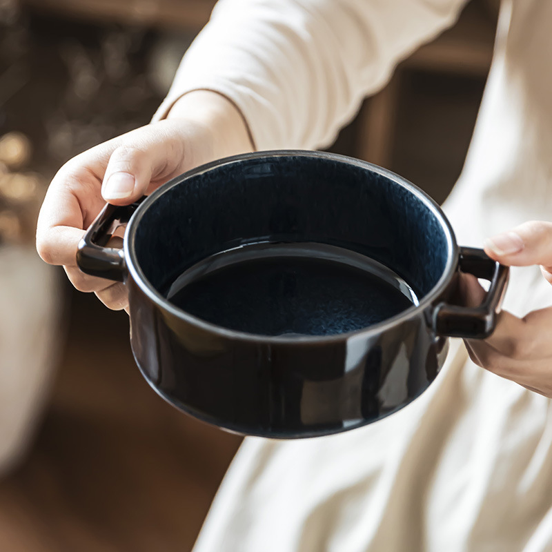 Retro hielo agrietado esmalte cerámico dos oídos tazón tazón de frutas tazón de restaurante tazón de platos cubiertos tazón de bocadillos redondo tazón de fideos