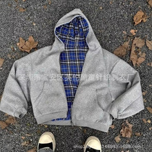 拉链开衫2024新款跨境格子妆面印花国潮宝藏男孩连帽衫批发