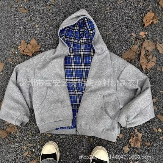 Zipper Cardigan 2024 New Cross-Border Plaid Makeup Print National Trend Treasure Boy Hoodie Wholesale