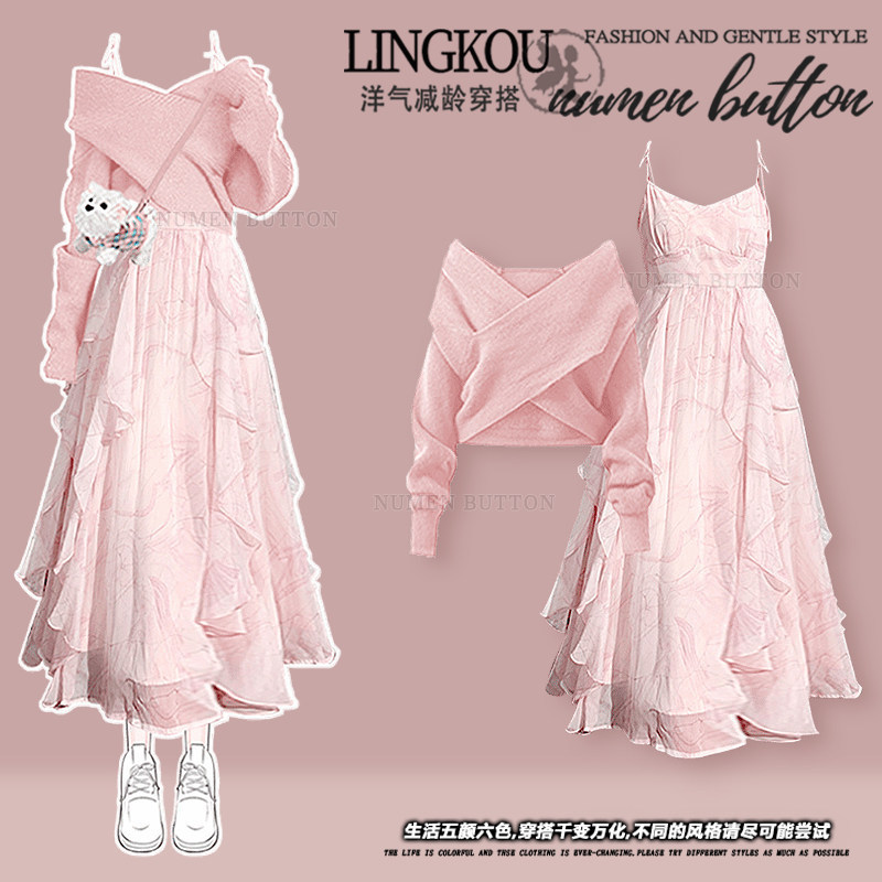Plus-Size Spring Travel Outfit Set for Women, Gentle Style, Age-Reducing Sweater Paired with Irregular Strap Dress Two-Piece Set Plus-Size Spring Travel Outfit Set for Women, Gentle Style, Age-Reducing Sweater Paired with Irregular Strap Dress Two-Piece Set