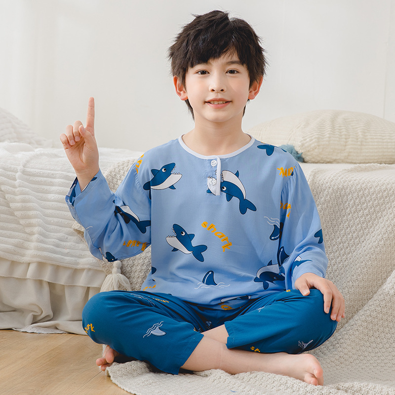 Spring and Summer Children's Pajamas Cotton Silk suit Thin Air-conditioning Clothing Cotton Silk Home Clothes for Middle-aged Children and Teenagers Lyocell