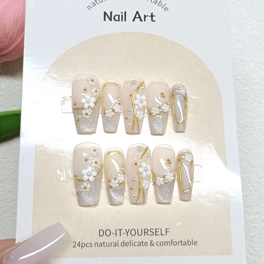 24 piezas de terapia de luz de flores de cerezo de manicura de perlas de diamante de alto rendimiento parche de uñas falsas hechas a mano para usar uñas de ojo de gato