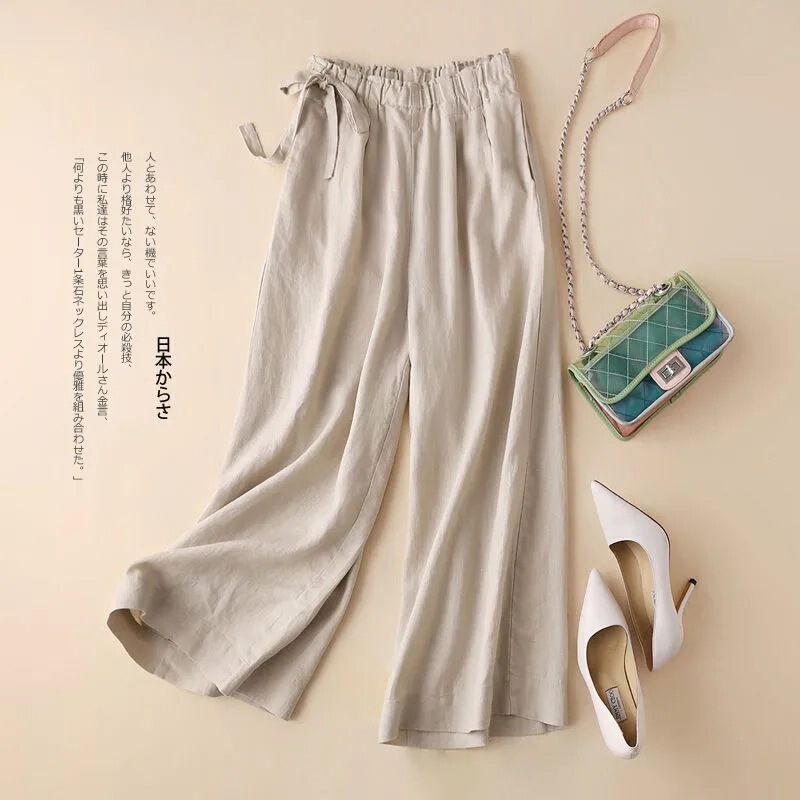 Women's Drapey Cotton-Linen Wide-Leg Cropped Pants 2026 Spring/Summer Loose Slimming High-Waisted Thin Straight-Leg Casual Pants
