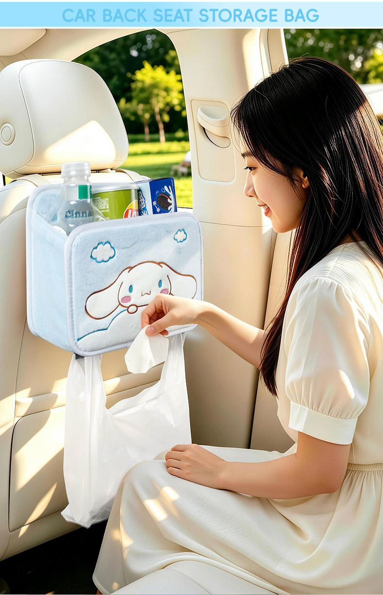 Cartoon car seat back storage bag, multifunctional car storage box with hooks, cute pet design, women's trash bag