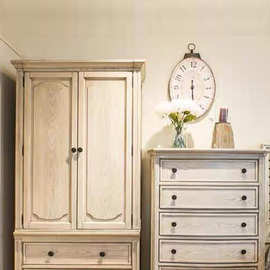 美式乡村实木双门衣柜白色做旧对开门衣橱复古家用卧室大容量衣柜