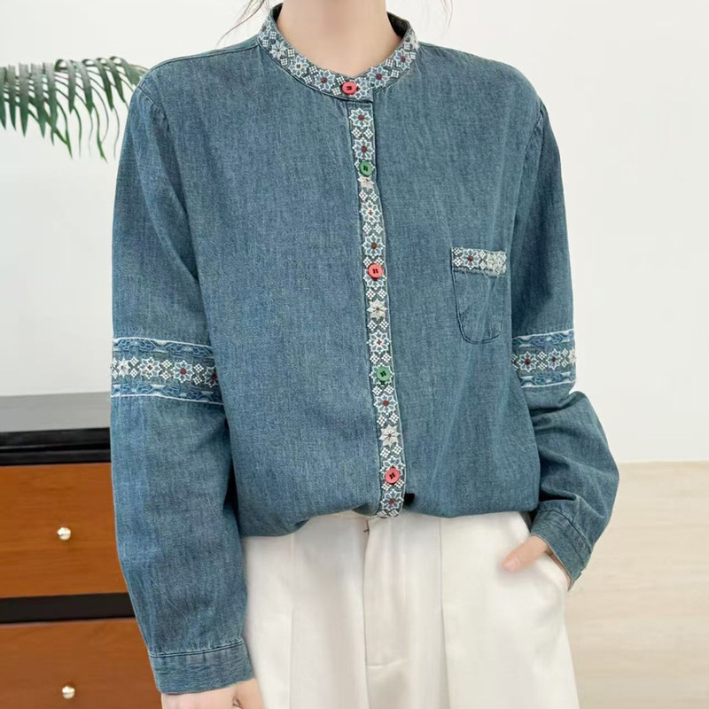 Japanese Retro Literary Small Stand Collar Lace Single Pocket Embroidered Denim Long Sleeve Shirt Women's Base Shirt Casual