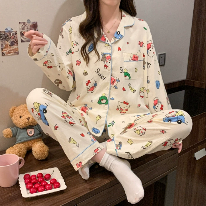 Осенняя милая пижама Hello Kitty, фуксиевая кардиган-стиль, различные принты, размеры M–XXL