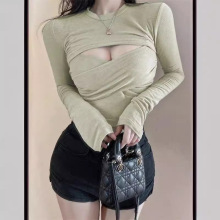 早春韩版女装小众心机纯欲低胸性感夜店短款螺纹长袖t恤女上衣潮