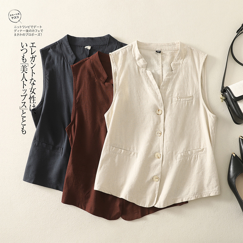 Real Shot of In-Stock Women's Vest, Spring/Summer 2026 New Style, Casual Thin Sleeveless Tank Top, Cotton-Linen V-Neck Cardigan
