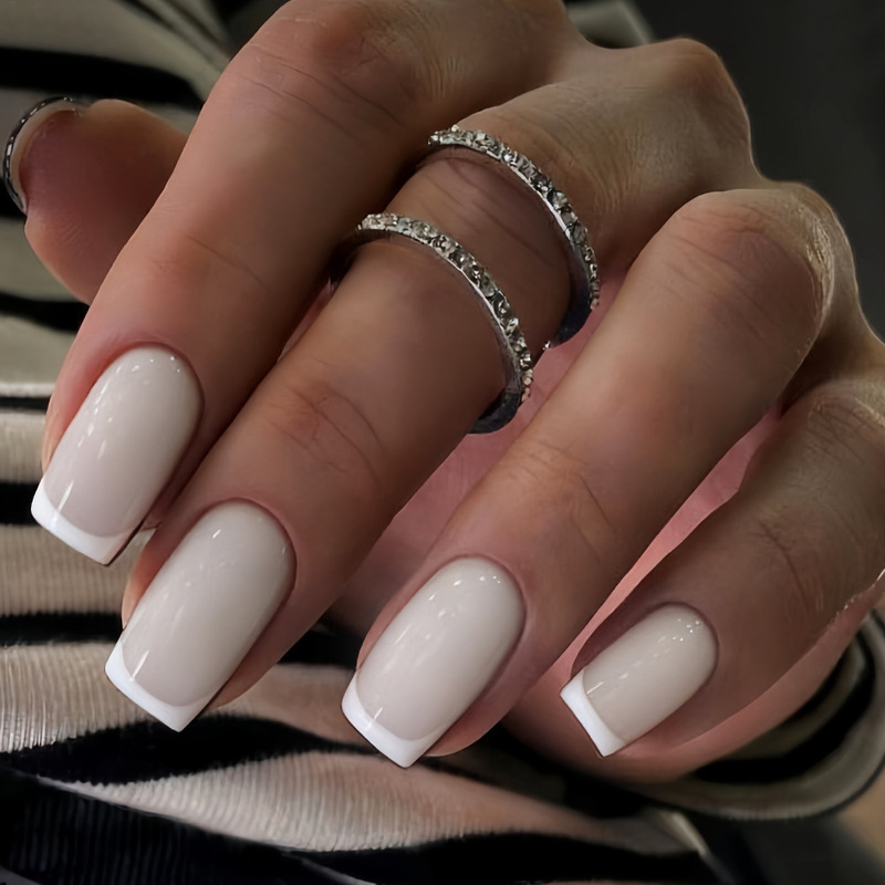 Cross-Border European and American Chinese Fake Nails White French Glossy Press-On Wearable Nails Fashionable Simple Removable