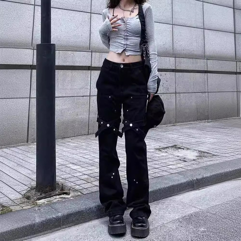 vintage American Black Pants for Women 2024 New Design High-end Strappy Logging Denim Bootcut Pants