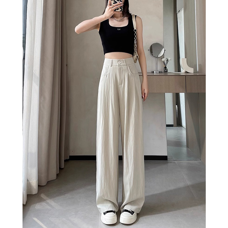 Pantalones de piernas anchas de seda de hielo para mujeres verano delgado cintura alta delgada pantalones fríos de protección solar pantalones de alta sensación de pluma