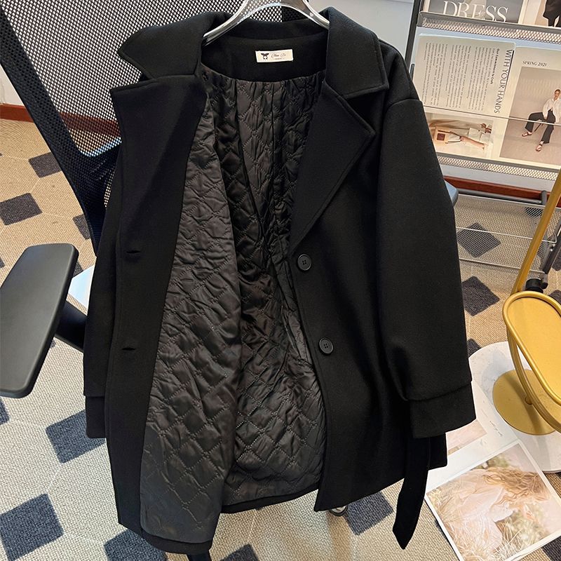 Fashionable Black Versatile Coat for Women, Mid-Length, Autumn and Winter, Petite, Thickened Trench Coat, Chanel-Style Short Wool Coat