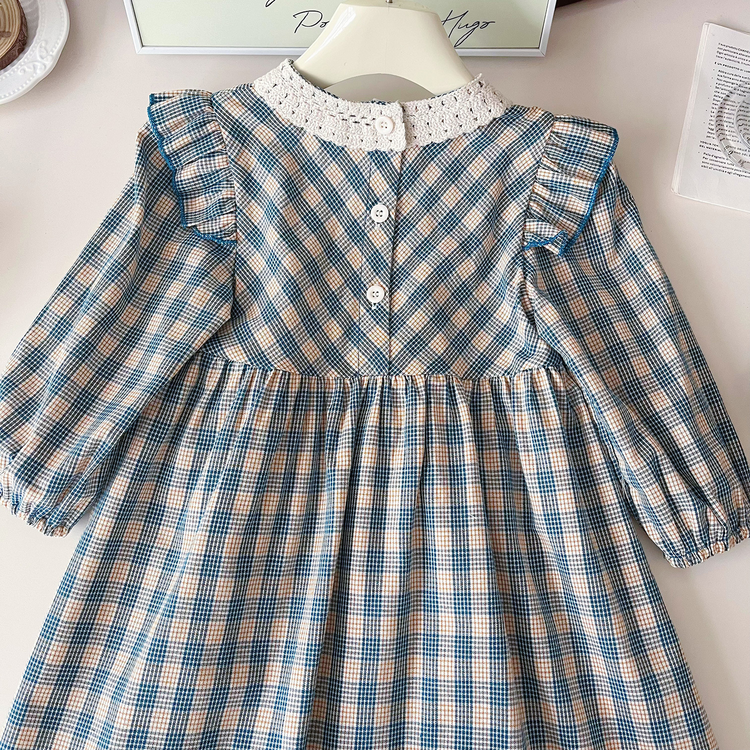 Mädchen Kleid Mit Karomuster Und Spitzenkragen Langarm Herbst_voghion.com