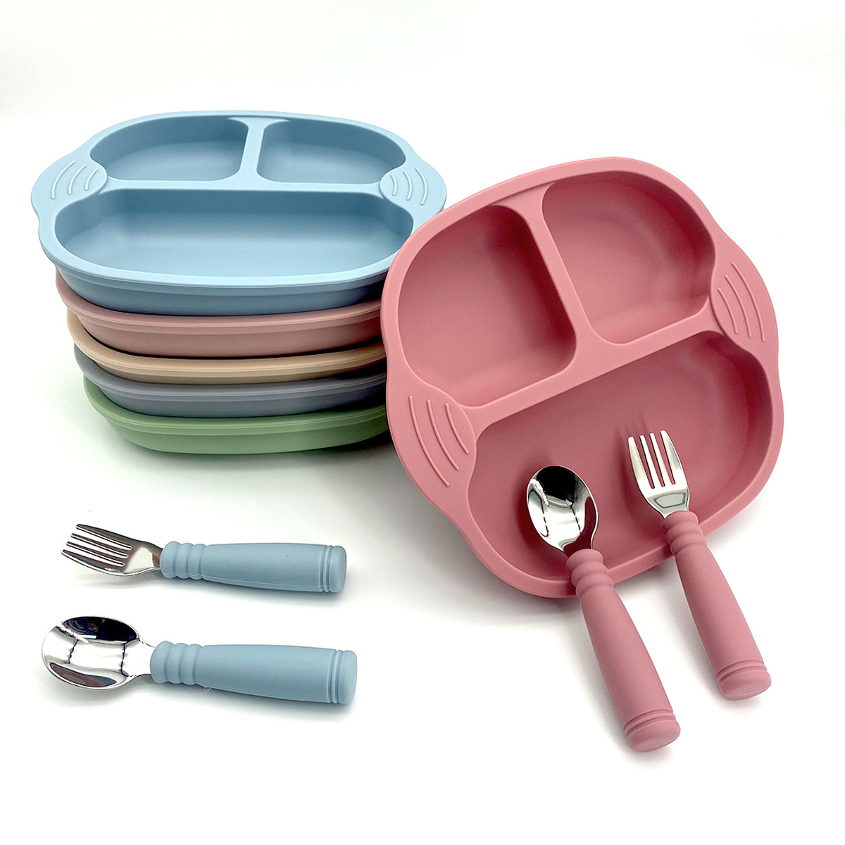 Plato de bebé transfronterizo comer tazón vajilla para niños bebé silicona acero inoxidable tenedor cuchara suplemento alimenticio herramienta resistente a la caída fabricante