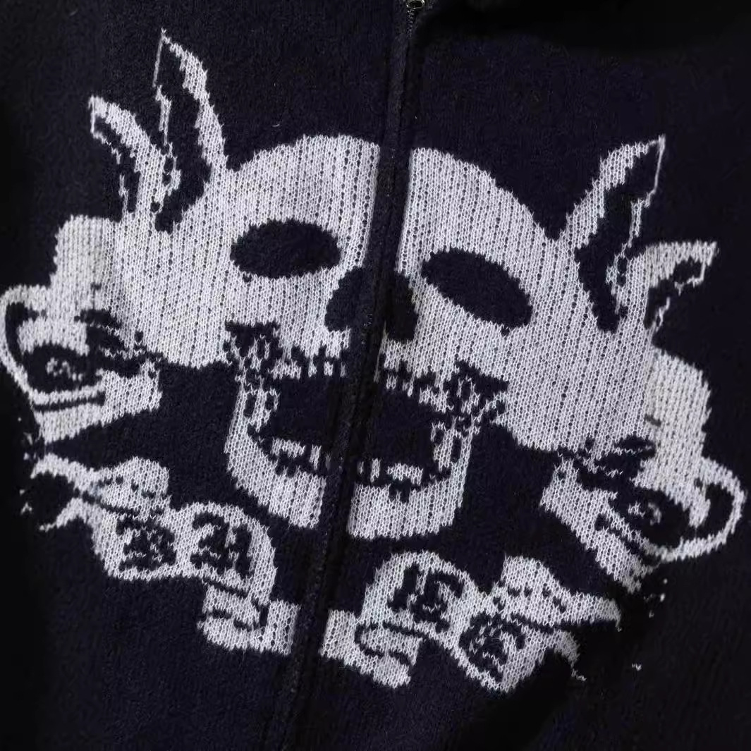 Men's Clothing dark skull jacquard personalized design cardigan zipper loose unisex hooded sweater_voghion.com