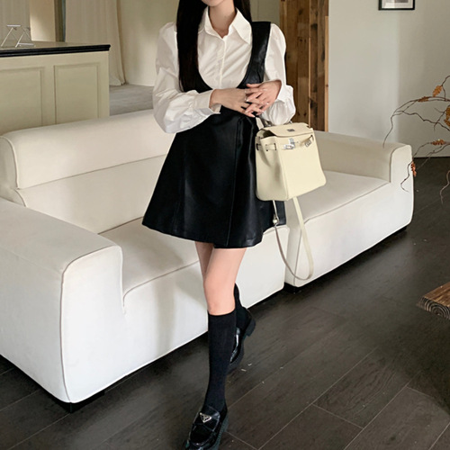 High-End Leather Skirt Bodysuit Dress + Solid Color Shirt Women 2025 Spring and Autumn Season Korean Style Fashion Set
