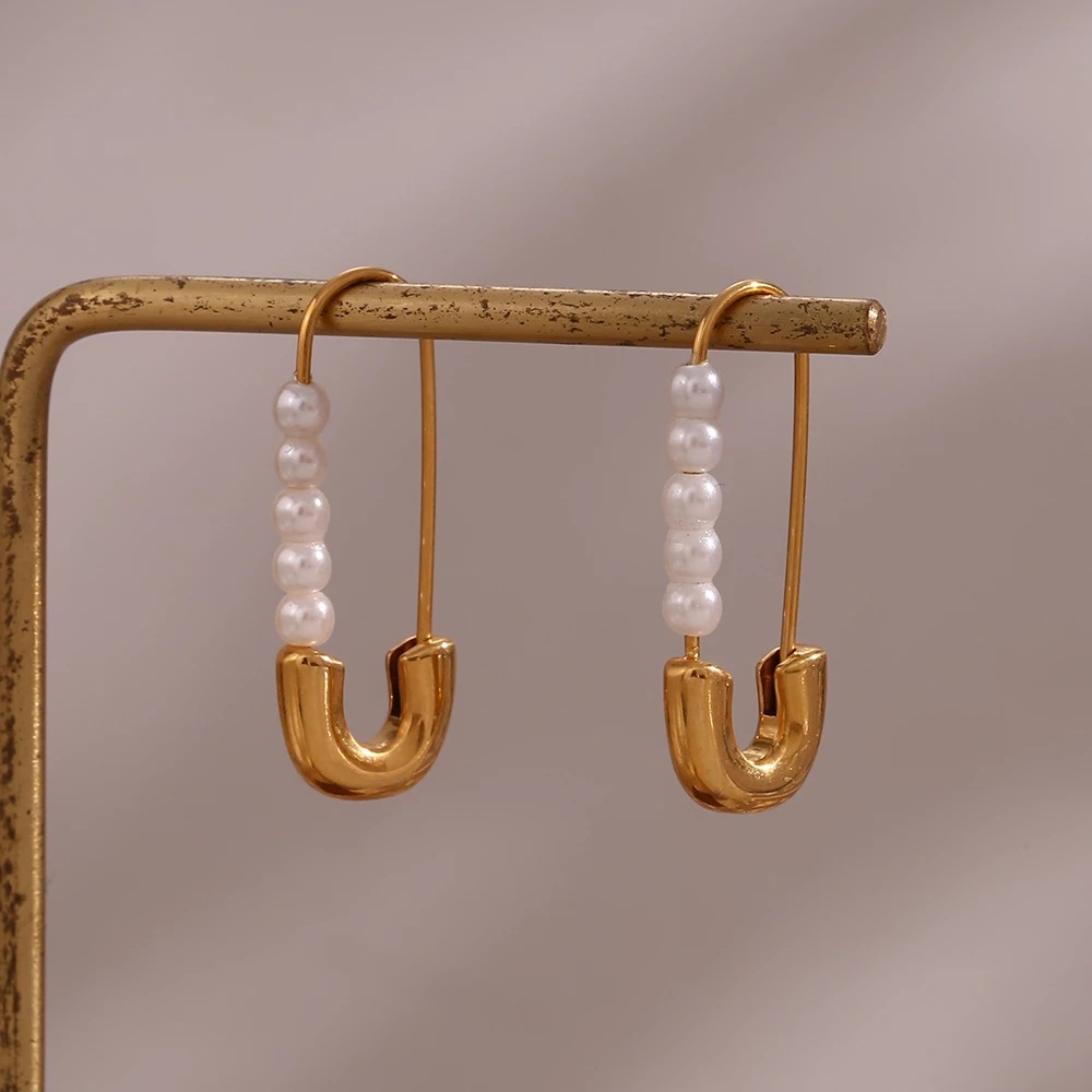 1 Pair Lady Paper Clip Imitation Pearl Titanium Steel Plating Earrings display picture 2