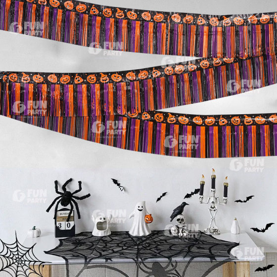 Cross-border Halloween Pumpkin Tassel Banner Party Festival Decoration Supplies Orange Black and Purple Macaron Colorblock Rain Silk Curtain